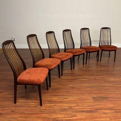 Set of 6 Danish high back vintage dining chairs with great lumbar support and padded seats.