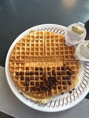 Half chocolate chip, half plain waffle