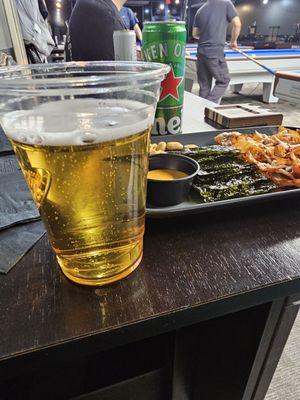 Heineken, file fish snack, seaweed chips, peanuts