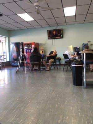 Soda and snack vending, tv and sitting area