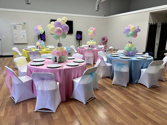 Birthday party tables.