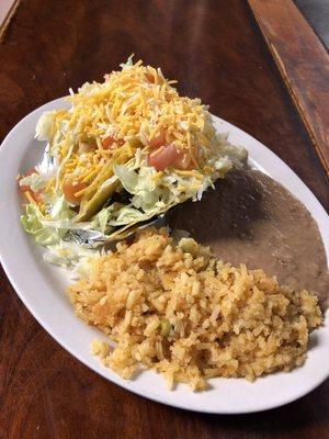 Wednesday special (3) crispy tacos plate (beef or chicken) rice, beans, w/Tea. $5.99 no tortillas.