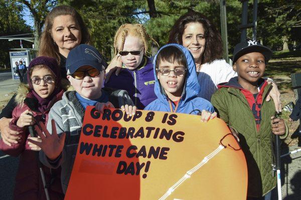 The students with blindness get mobility training on use of the white cane and celebrate it each Spring with a parade down the Parkway.