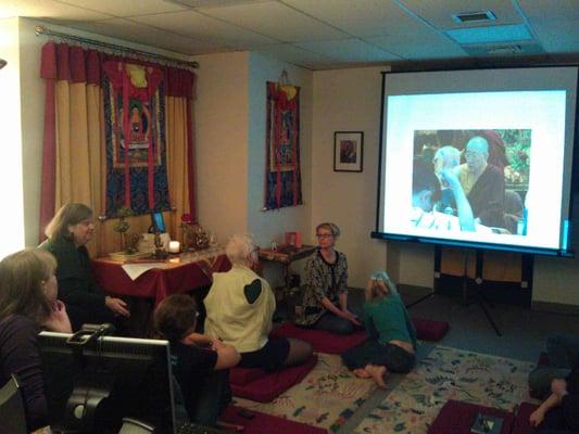 Occasionally, members give public talks. Here, Brenda Rosen describes her travels to Buddhist sites in southeast Asia.