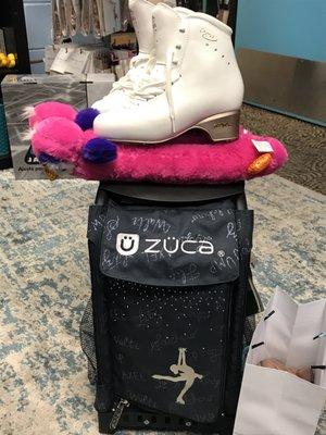 Skates Boots, Blades, Pink Soakers, Zuca Skate Bag