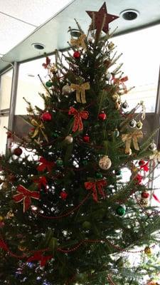 Decorated tree in the front of store.