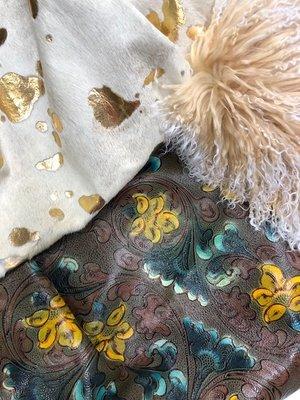 Gorgeous Alamo Floral Embossed Leather with Beige and White tip Tibetan lamb and Gold Acid Washed Cowhide.