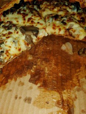 Overly greasy pizza and box