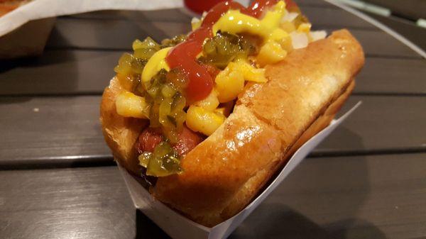 The mac and cheese hot dog with all the fixin's