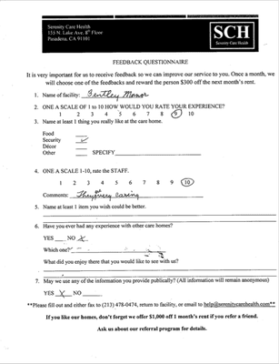 An awesome feedback questionnaire from our client at Bentley Manor Facility