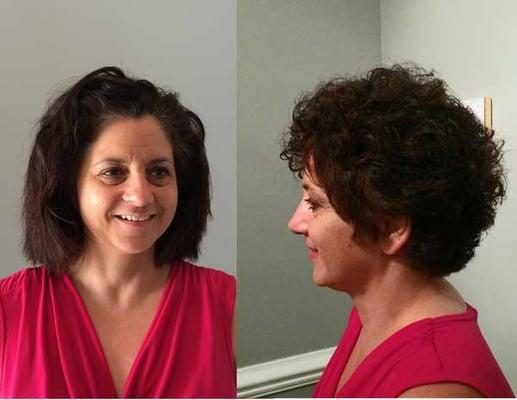 Ann before & after her color & cut makeover. We cut off the damaged chemically straightened hair, lightened her color & added hilights.