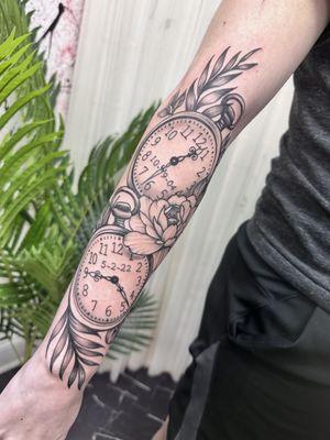 Clock and Flower tattoo by Joe Ball