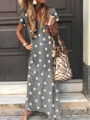 Daisy Print V-Neck Short Sleeve Maxi Dress (Grey or Yellow) $68