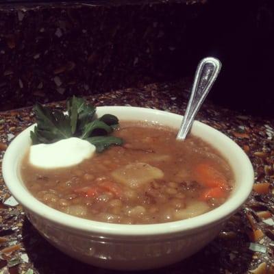 Roasted Garlic Dijon Lentil Soup