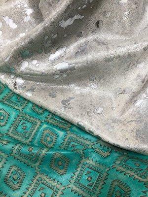 Light Turquoise Aztec Embossed Leather with White and Silver Acid Washed Cowhide