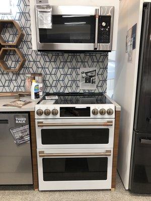 Café white double oven with bronze handles