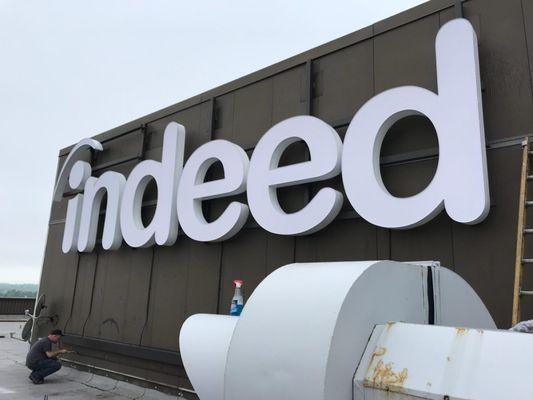 This color-changing LED letter set and steel superstructure for Indeed.com hangs at 10 feet tall atop a 16-story building in Stamford, CT.