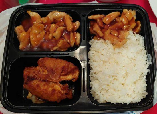 Chicken teriyaki with 3 Shumai and 3 dumplings.