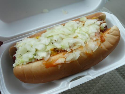 Hot Dog with mustard, chili, slaw and onions