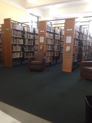 Many shelves with books like any other library, but nice and bright with many windows.