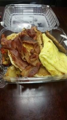 Great breakfast "THE HUNGRY MAN" For $6.95 you get home fries 2 french toast 1 pancake 2eggs 3 bacon1 sausage patty.