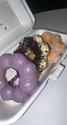 Ube, Cookie and Cream and Cinnamon Sugar Mochi Donuts