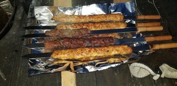 Cooked beef and chicken kebabs