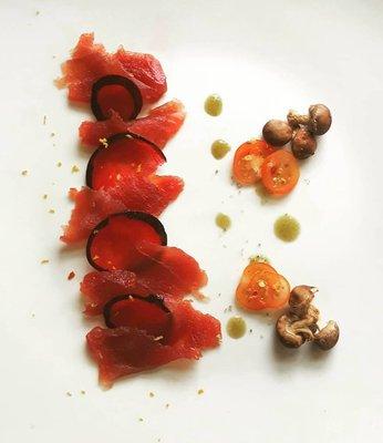 Tuna shashimi with jalapeno pickled plums.