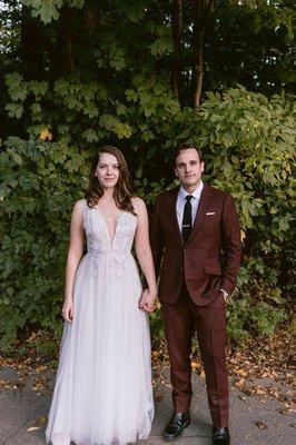 Men's custom burgundy flannel fall wedding 2pc suit.