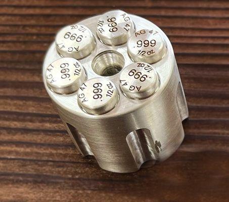 We offer unique and special silver items, such as this revolver cylinder with 1/2 oz silver bullets.