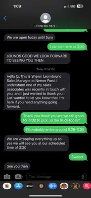 Text from Shawn confirming pickup 2.5 hours before