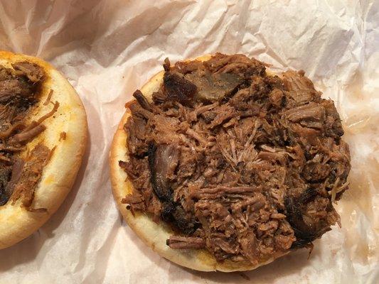 Texas chopped brisket sandwich, nicely trimmed and smoked meat