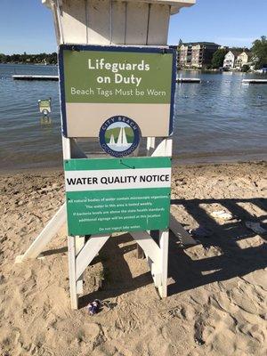 Lifeguard station with water quality notice