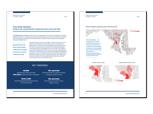 We designed this report for The Student Borrower Protection Center. Pictured: two interior pages.