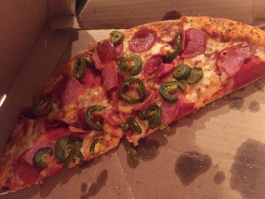 Carry out Large pizza w/3 topping $7.99  This one has jalapeño, pepperoni, ham.