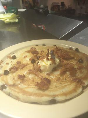 Our own buttermilk pancake recipe with bacon and chocolate chips, delish!!!!!