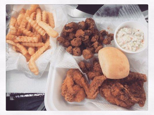 2 piece white fried chicken, fries, slaw and fried okra.  Very good!!!