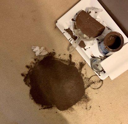 Brown paint spill on cream carpet Mx