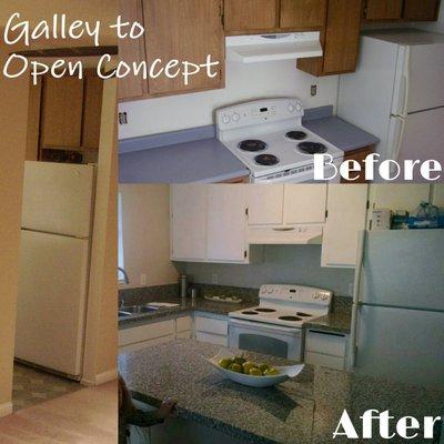 Dated galley-style kitchen opened up to dining room.