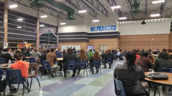 Cafeteria: where the overflow for A Future to Believe in with Bernie Sanders event had to go. SRO even in overflow. (28 Dec 15)