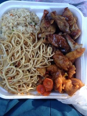 Chow mein/fried rice with orange chicken and teriyaki chicken.. Yummy and inexpensive!