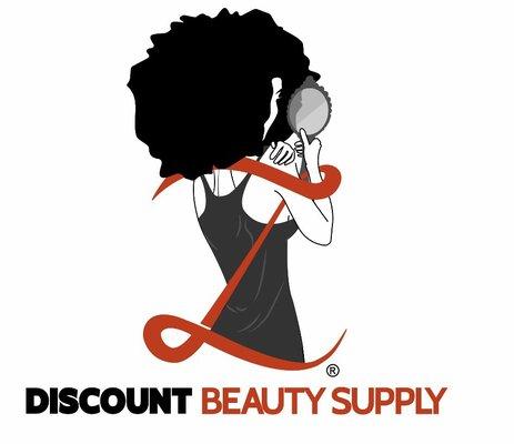 Discount beauty supply, and woman holding mirror with blurred image of herself.