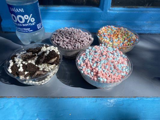 Cookies n cream, boysenberry, cotton candy & rainbow (regular size) with bottled water 4/18/22