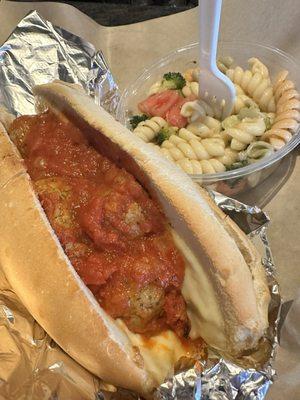 Meatball sub special, pasta salad included.