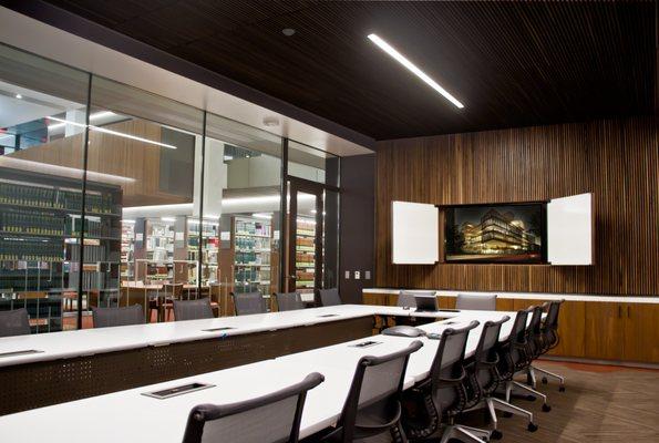 Meeting and conference areas on the campus, this one in the library, are used for student collaboration and faculty members.