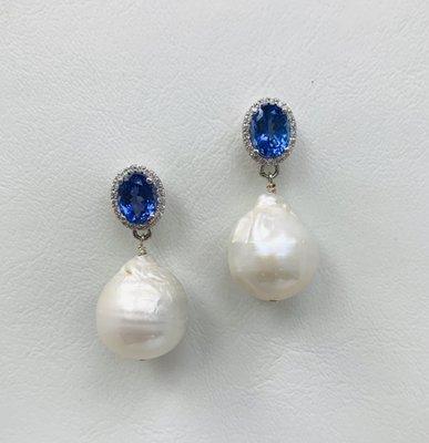 Tanzanite, Diamond and Baroque Pearls Drop Earrings in 14k White Gold.