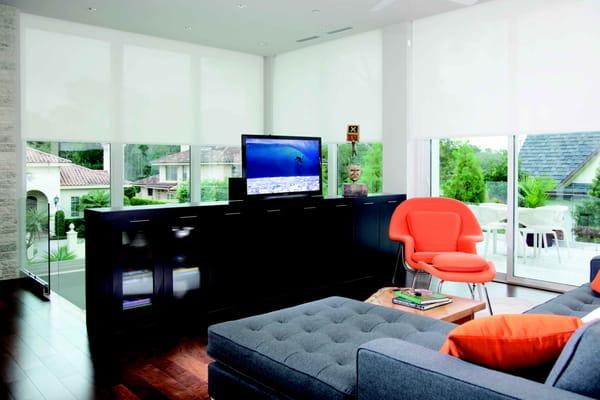 Electronically controlled interior shades and retractable TV.