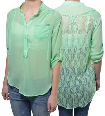 Chiffon Lace Back High Low Blouse - Closeout Price $10.