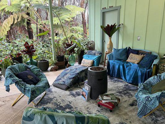 The welcome relaxation station which was magical as the rain pattered on the roof