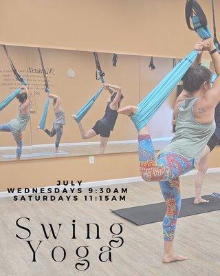 Summer swing yoga classes Saturdays at 11:15 in July, Wednesdays at 9:30 through August.  Permanent swing schedule coming soon.